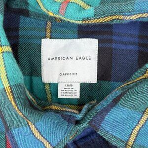 American Eagle Plaid Flannel L Blue Green Button Up Grunge Workwear MENS 3227